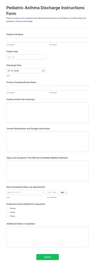 Pediatric Asthma Discharge Instructions Form Template