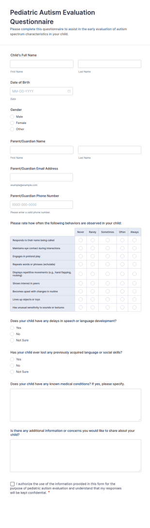 Pediatric Autism Evaluation Questionnaire Form Template