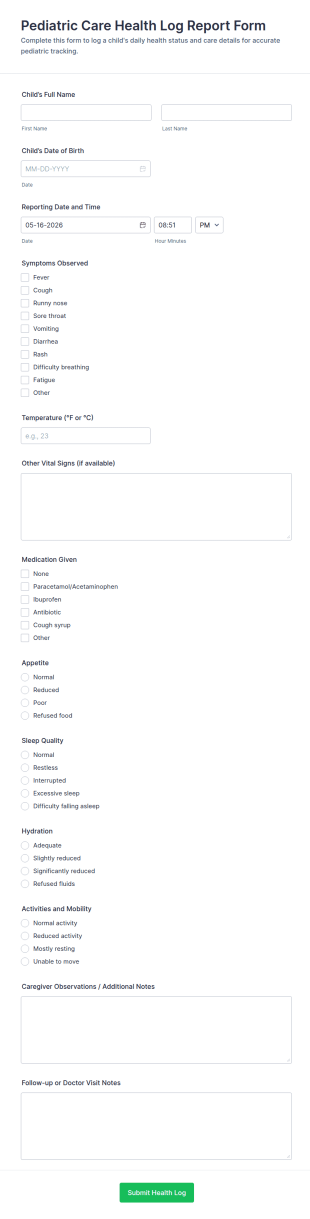 Pediatric Care Health Log Report Form Template