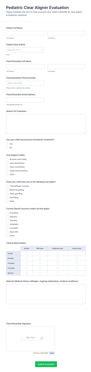 Pediatric Clear Aligner Evaluation Form Template