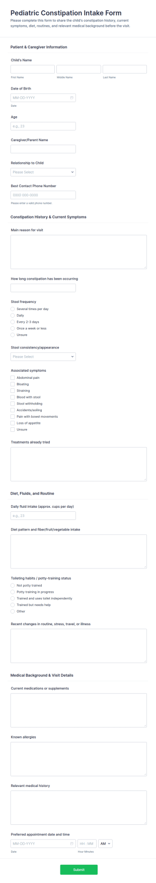 Pediatric Constipation Intake Form Template