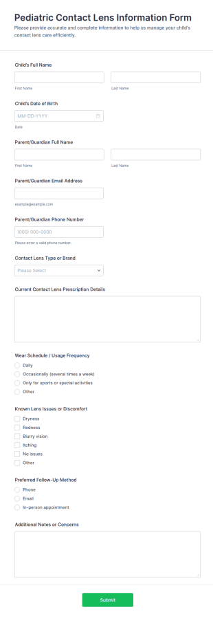 Pediatric Contact Lens Information Form Template