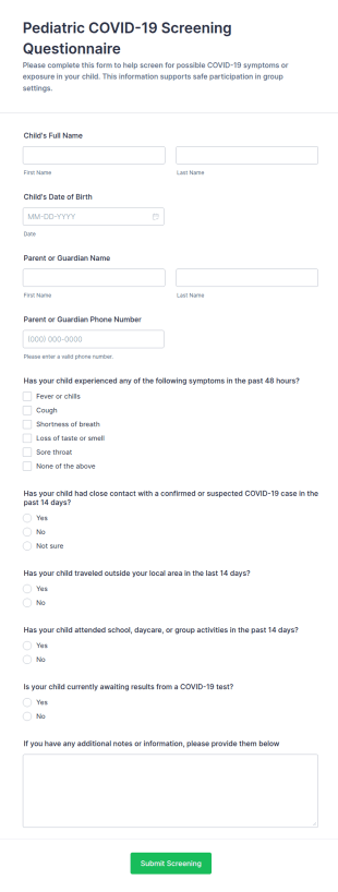 Pediatric COVID 19 Screening Questionnaire Form Template