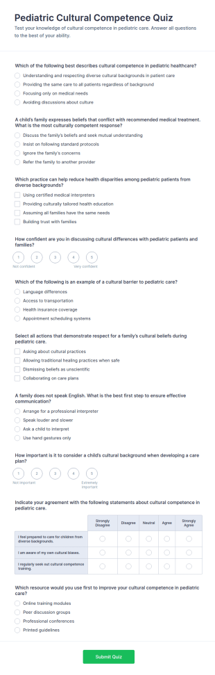 Pediatric Cultural Competence Quiz Form Template