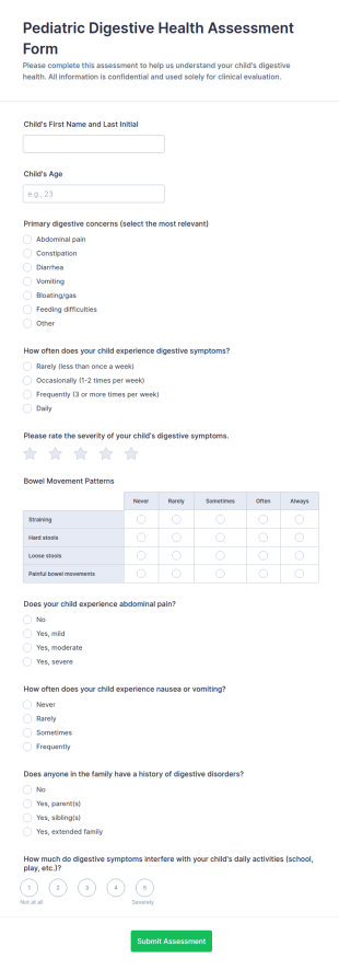 Pediatric Digestive Health Assessment Form Template