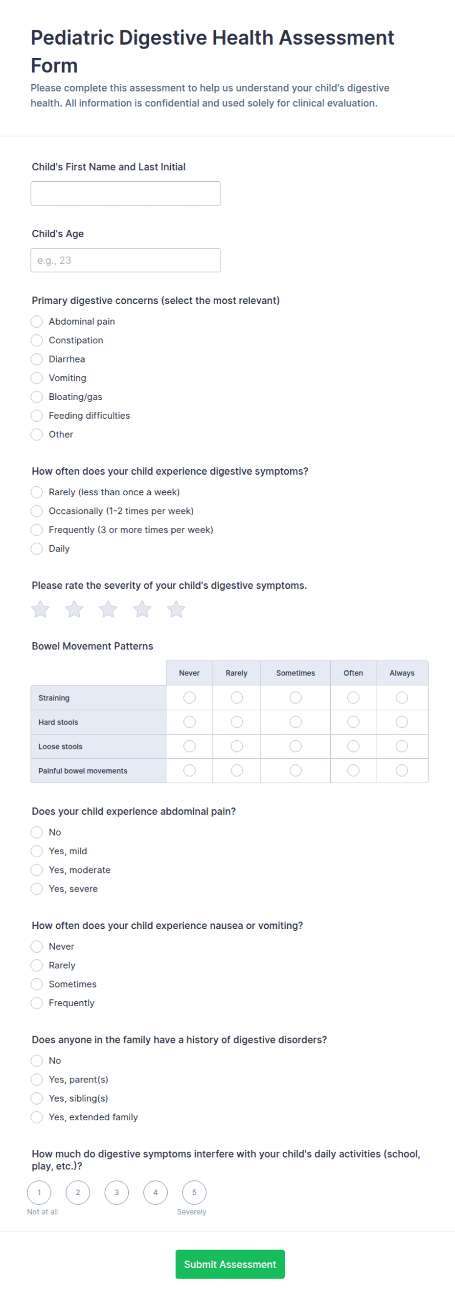 Pediatric Digestive Health Assessment Form Template | Jotform