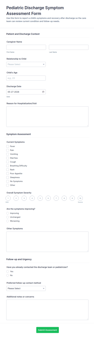 Pediatric Discharge Symptom Assessment Form Template