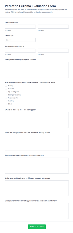 Pediatric Eczema Evaluation Form Template