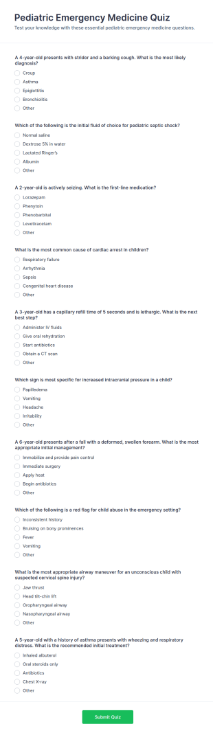 Pediatric Emergency Medicine Quiz Form Template