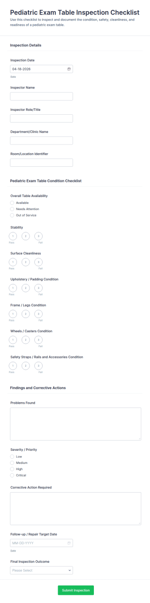 Pediatric Exam Table Inspection Checklist Form Template