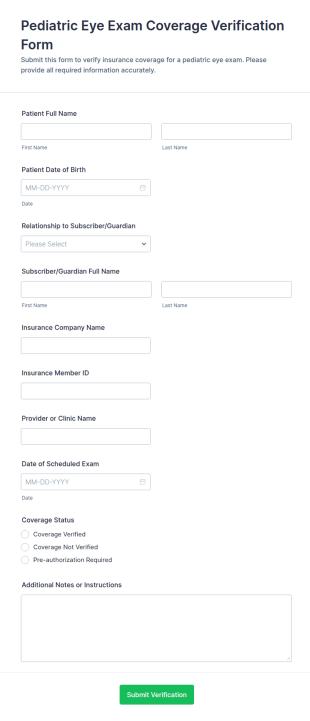 Pediatric Eye Exam Coverage Verification Form Template