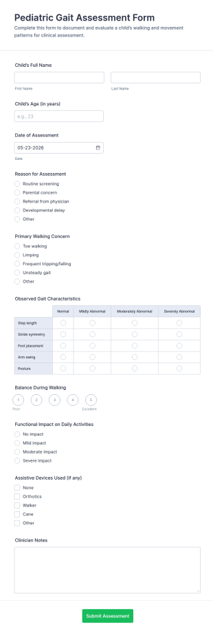 Pediatric Gait Assessment Form Template