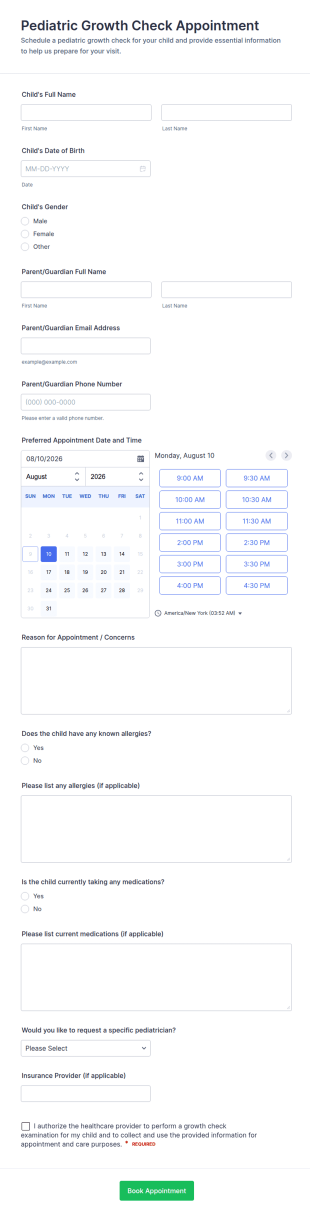 Pediatric Growth Check Appointment Form Template