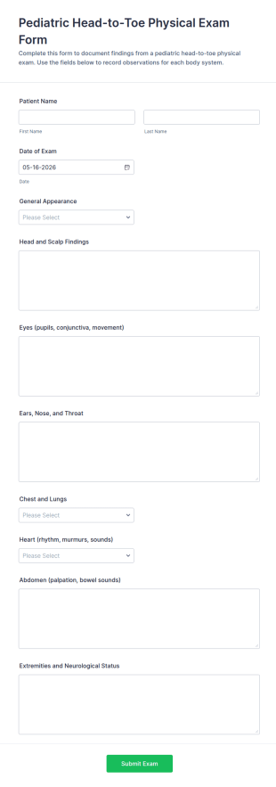 Pediatric Head To Toe Physical Exam Form Template