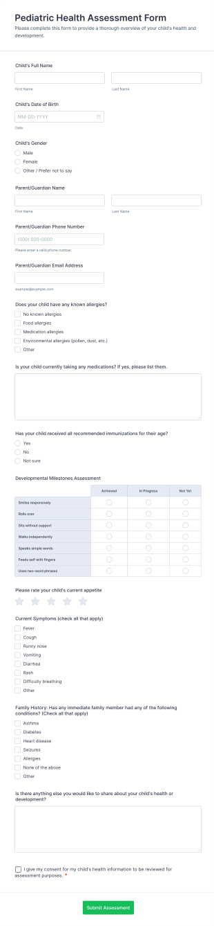 Pediatric Health Assessment Form Template