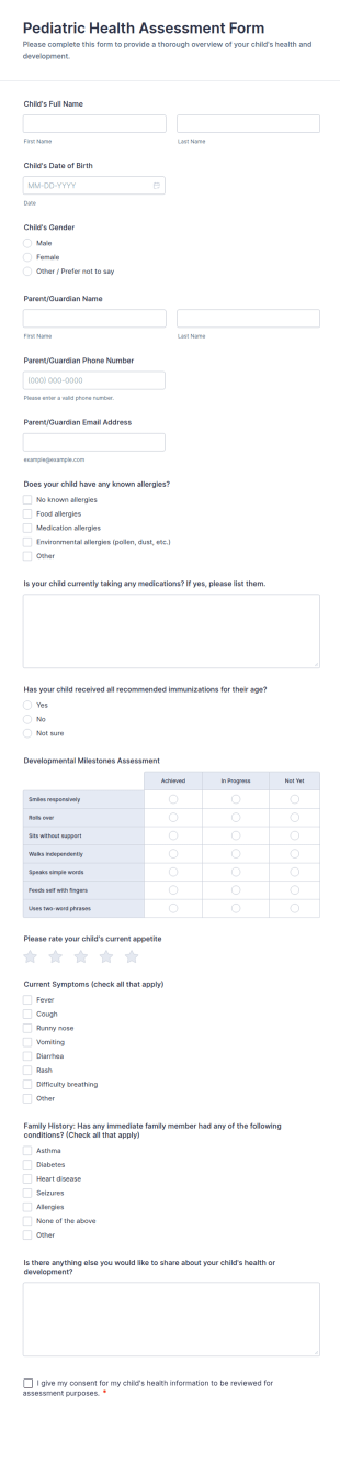 Pediatric Health Assessment Form Template