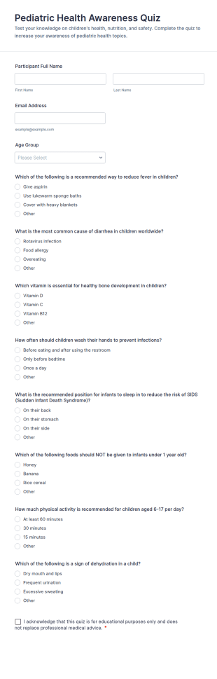 Pediatric Health Awareness Quiz Form Template