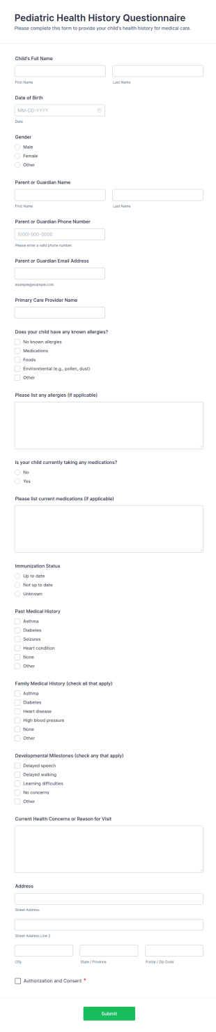 Pediatric Health History Questionnaire Form Template