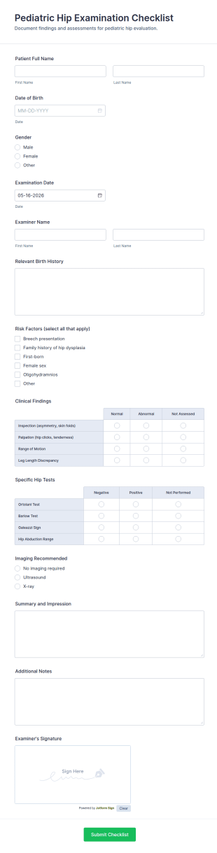 Pediatric Hip Examination Checklist Form Template