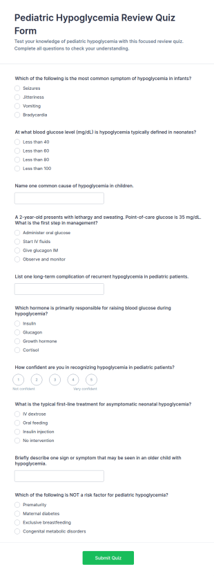 Pediatric Hypoglycemia Review Quiz Form Template