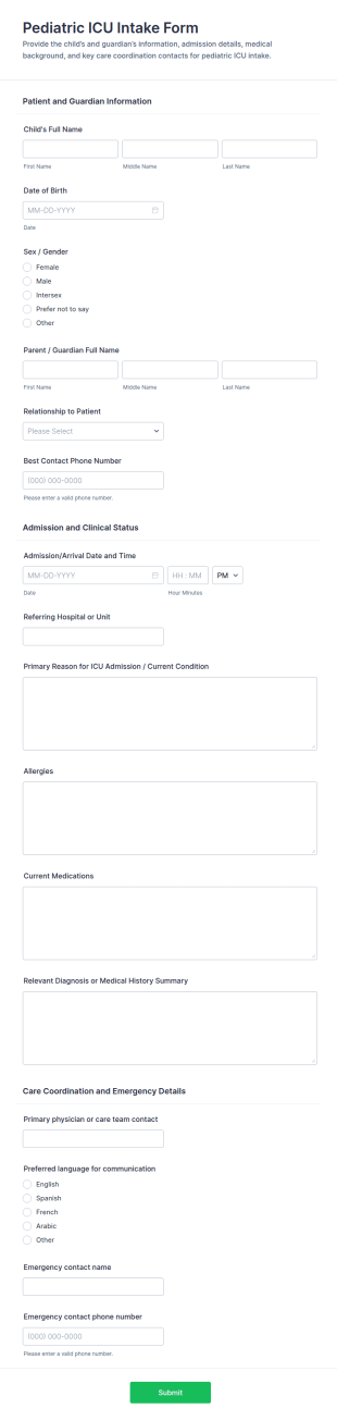 Pediatric ICU Intake Form Template