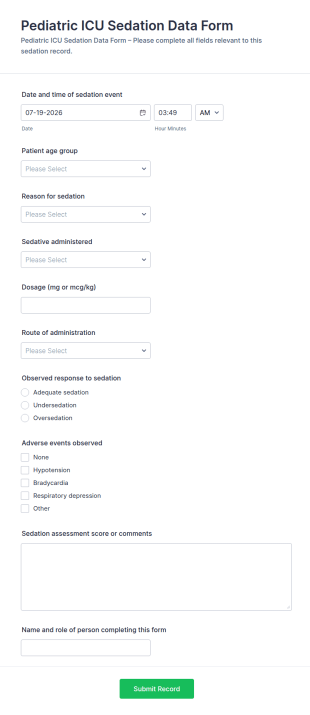 Pediatric ICU Sedation Data Form Template