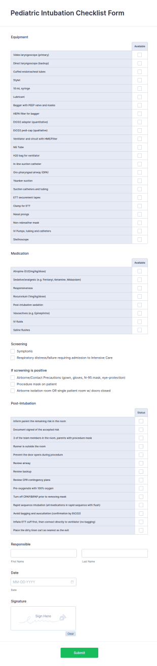 Pediatric Intubation Checklist Form Template