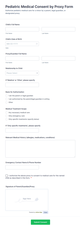 Pediatric Medical Consent By Proxy Form Template