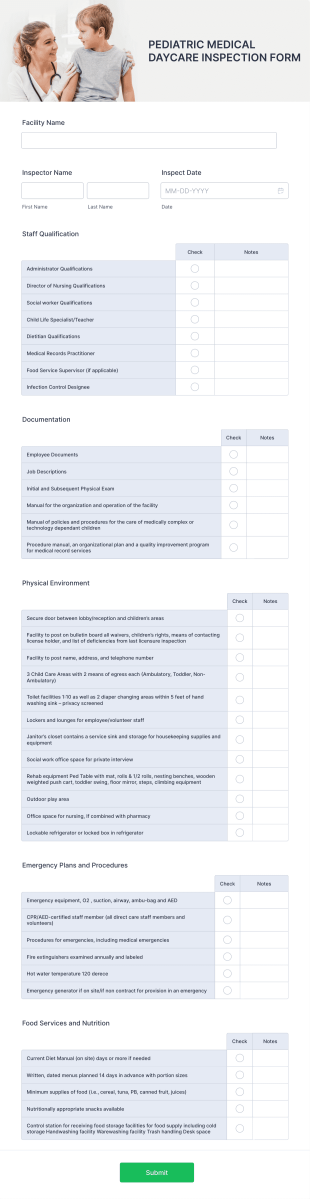 Pediatric Medical Daycare Inspection Form Template