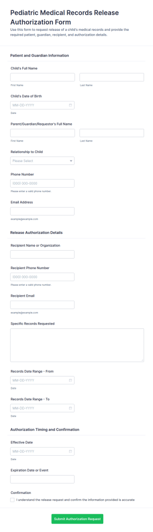 Pediatric Medical Records Release Authorization Form Template