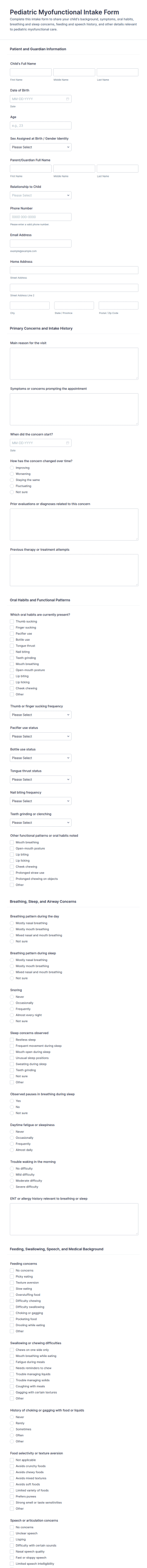 Pediatric Myofunctional Intake Form Template