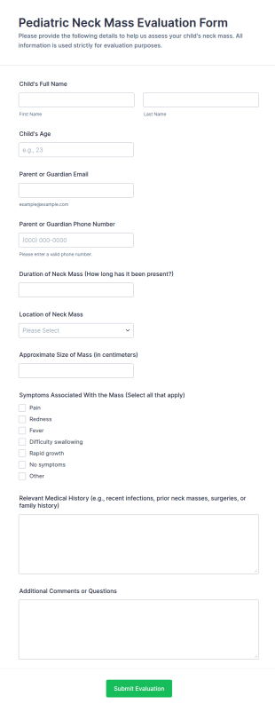Pediatric Neck Mass Evaluation Form Template
