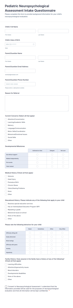 Pediatric Neuropsychological Assessment Intake Questionnaire Form Template