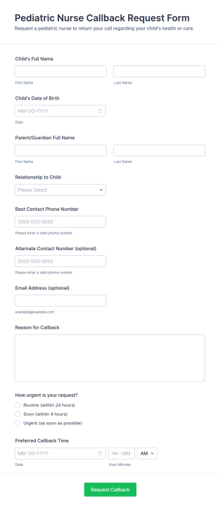 Pediatric Nurse Callback Request Form Template