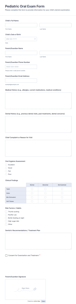 Pediatric Oral Exam Form Template