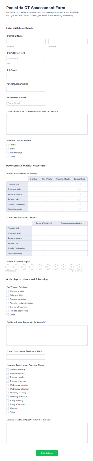 Pediatric OT Assessment Form Template