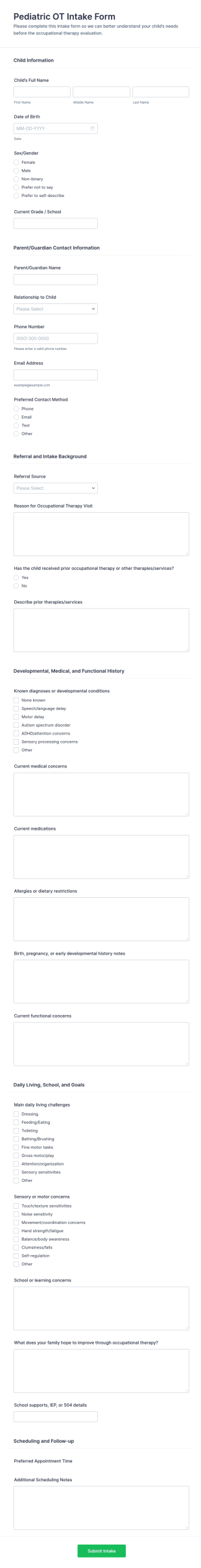 Pediatric OT Intake Form Template