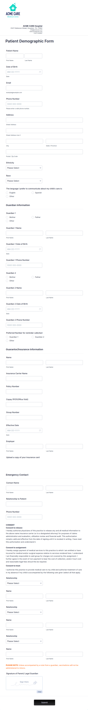 Pediatric Patient Demographic Form Template