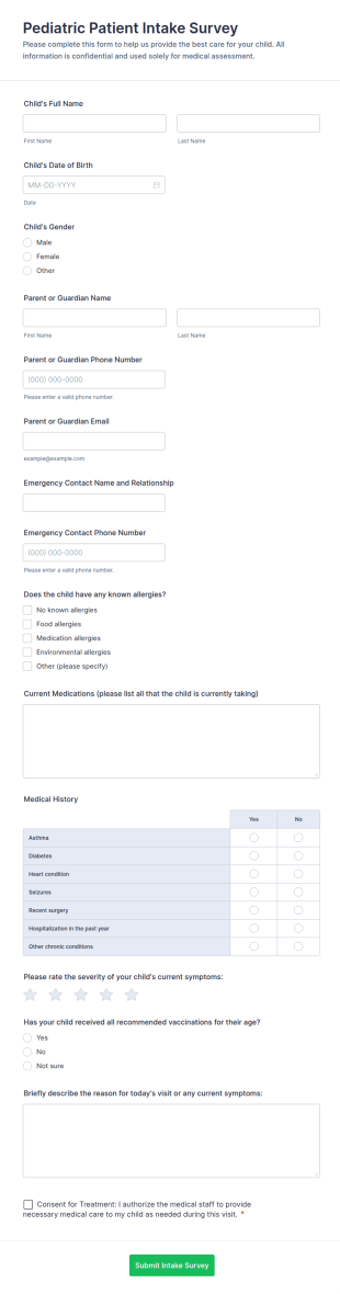 Pediatric Patient Intake Survey Form Template