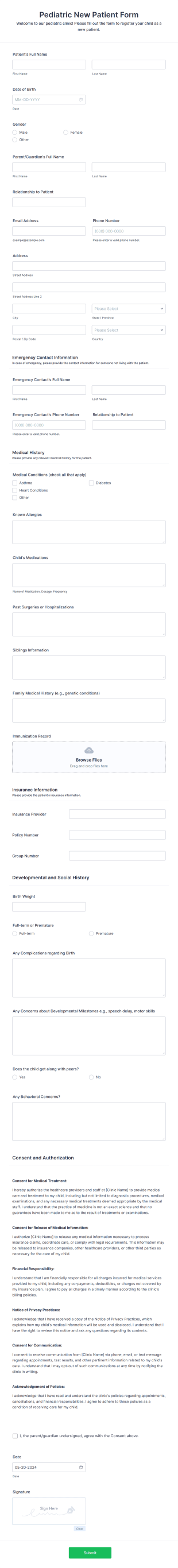Pediatric Patient Registration Form Template