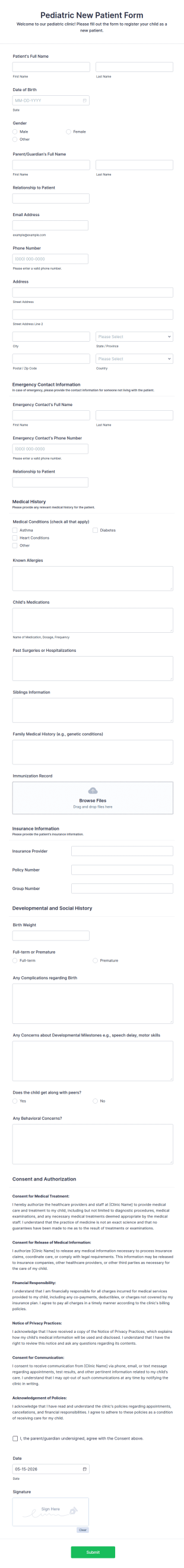 Pediatric Patient Registration Form Template
