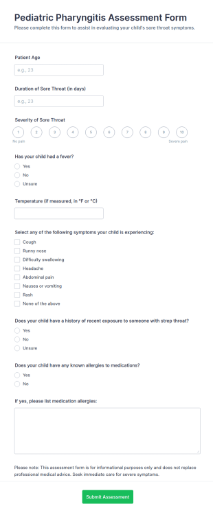 Pediatric Pharyngitis Assessment Form Template