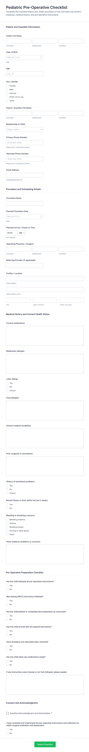 Pediatric Pre Operative Checklist Form Template