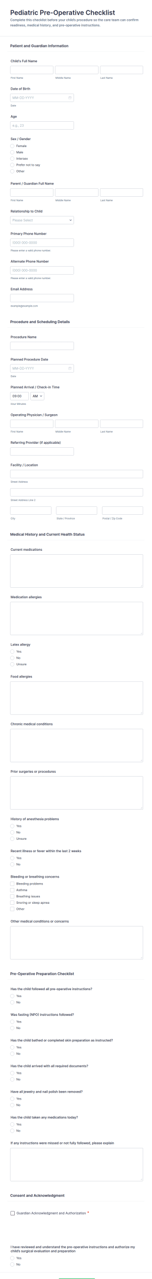 Pediatric Pre Operative Checklist Form Template