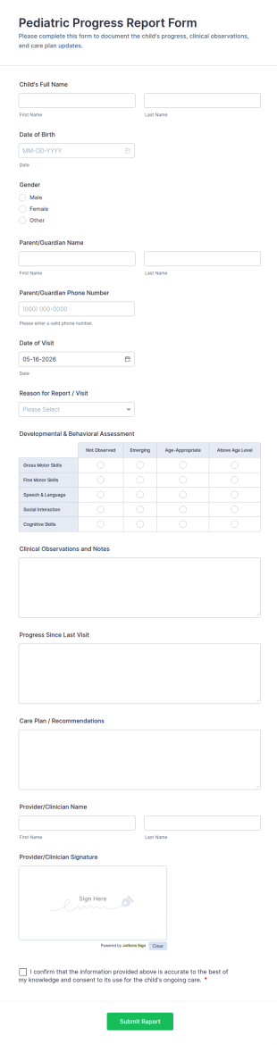 Pediatric Progress Report Form Template
