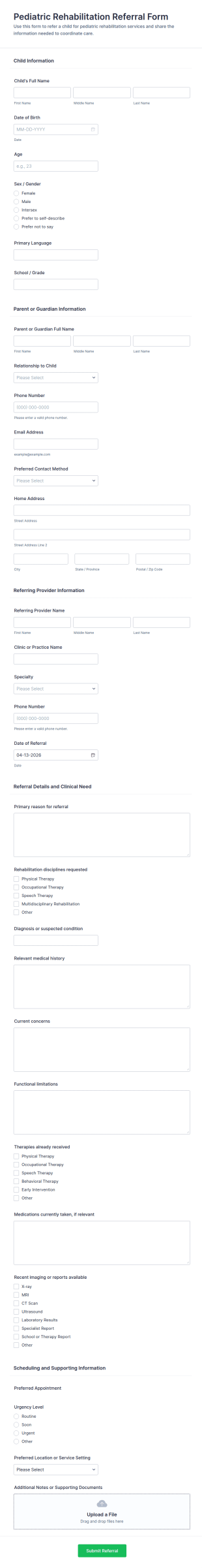 Pediatric Rehabilitation Referral Form Template