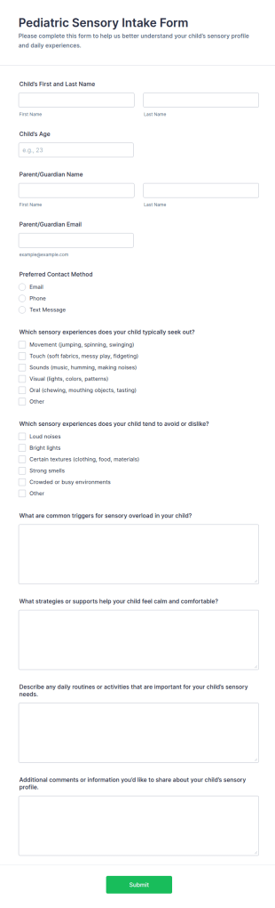 Pediatric Sensory Intake Form Template