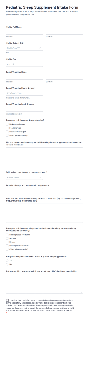 Pediatric Sleep Supplement Intake Form Template