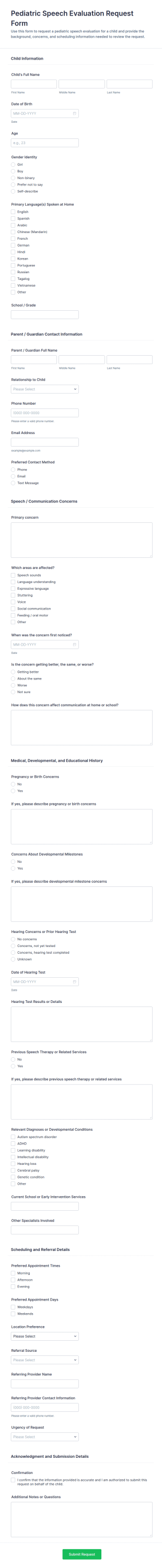 Pediatric Speech Evaluation Request Form Template