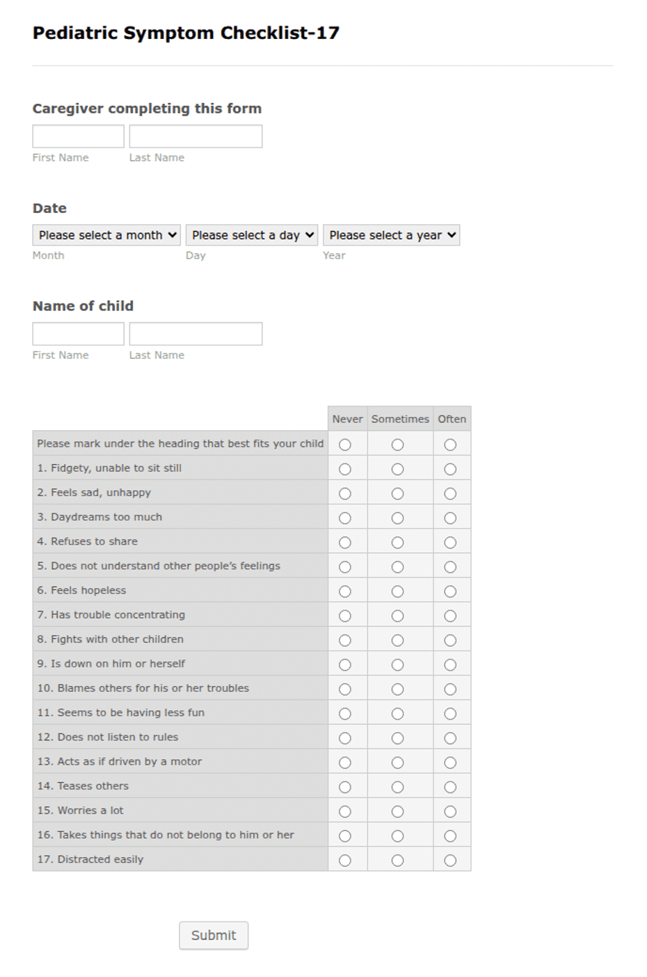 Pediatric Symptom Checklist Form Template | Jotform
